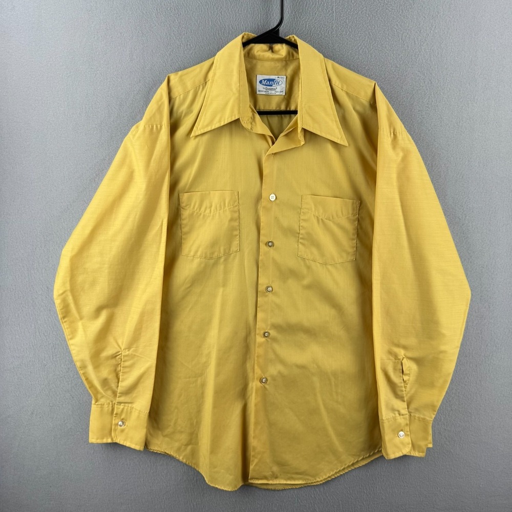 Vintage 60s Campus Shirt Mens XL Yellow Perm Pressed Button Up Dagger Collar